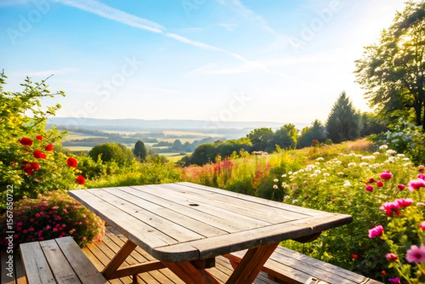 Fototapeta Rustic Wooden Table with Blooming Garden and Scenic Countryside View