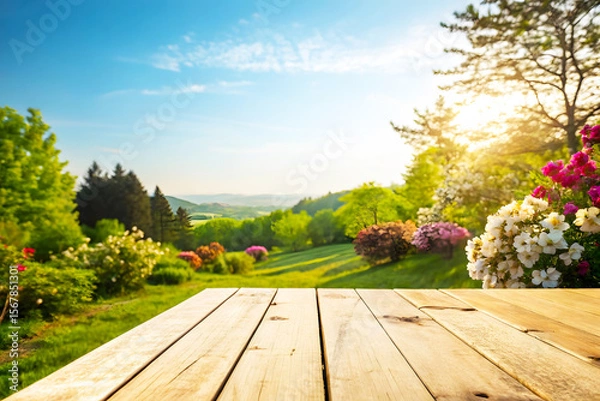 Fototapeta Wooden Surface for Product Display with Floral Field and Scenic Nature Background