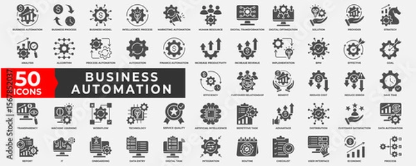 Fototapeta Business automation icon collection set. Containing process, digital transformation, industry 4.0, productivity, technology, business, integration icon. Simple solid vector illustration.
