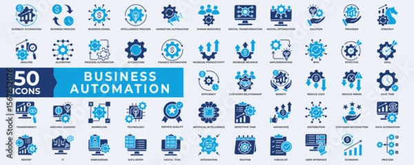 Fototapeta Business automation icon collection set. Containing process, digital transformation, industry 4.0, productivity, technology, business, integration icon. Simple flat vector illustration.