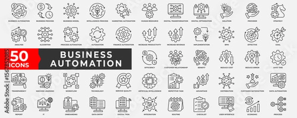 Fototapeta Business automation icon collection set. Containing process, digital transformation, industry 4.0, productivity, technology, business, integration icon. Simple line vector illustration.