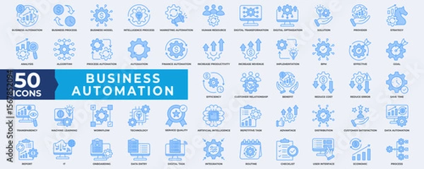 Fototapeta Business automation icon collection set. Containing process, digital transformation, industry 4.0, productivity, technology, business, integration icon. Simple line blue vector illustration.