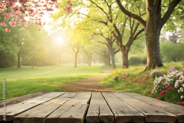 Fototapeta Sunny Nature Scene with Wooden Table and Blurred Forest