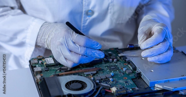 Fototapeta Tech Fixes Laptop at Night With Care
