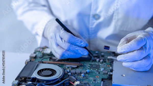 Fototapeta Tech Fixes Motherboard in Lab