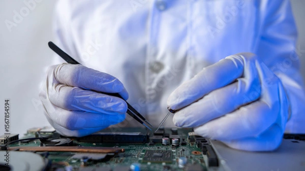 Fototapeta Technician Repairing Circuit Board in Clean Lab