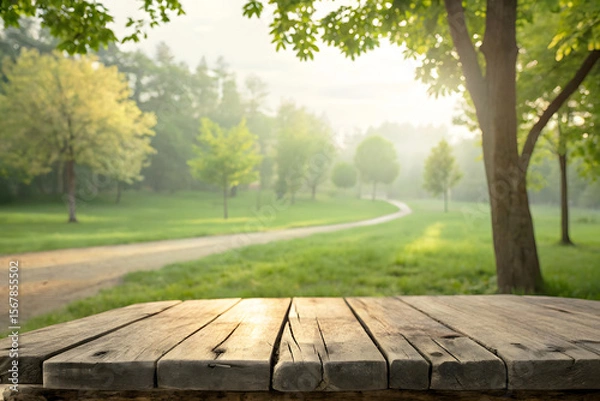 Fototapeta Rustic Wooden Table with Morning Sunlight in Forest Park, Scenic Forest Path View with Empty Wooden Deck Table