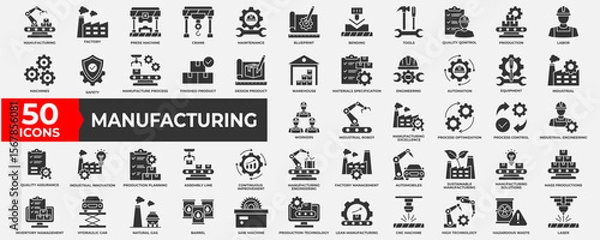 Fototapeta Manufacturing icon collection set. Containing manufacture, production, goods, product, management, business, infrastructure icon. Simple solid vector illustration.