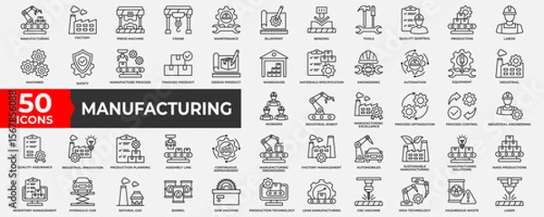 Fototapeta Manufacturing icon collection set. Containing manufacture, production, goods, product, management, business, infrastructure icon. Simple line vector illustration.