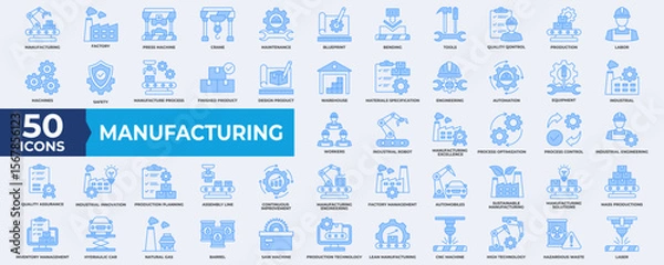 Fototapeta Manufacturing icon collection set. Containing manufacture, production, goods, product, management, business, infrastructure icon. Simple line blue vector illustration.