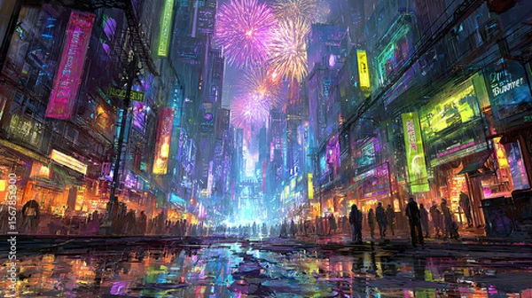 Fototapeta Futuristic Cityscape at Night with Fireworks and Rain Reflections