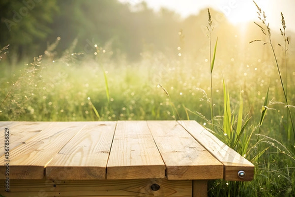 Fototapeta Empty Wooden Deck in Dewy Field at Sunrise