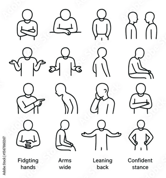 Fototapeta Body language icon collection, nonverbal communication symbols. gesture and posture set