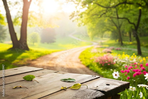 Fototapeta Morning Light Filtering Through Trees with Wooden Surface