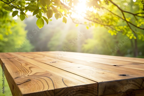 Fototapeta Rustic Wooden Table with Sunlight and Leaves in Natural Outdoor Setting