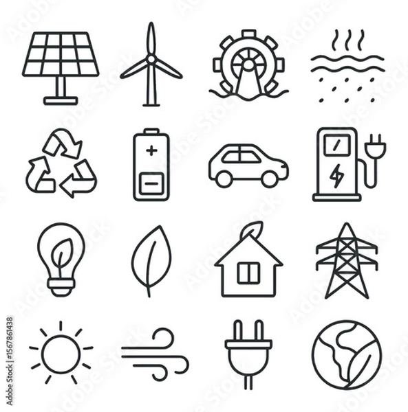 Fototapeta Renewable energy collection, eco-friendly power symbols. sustainable energy source set