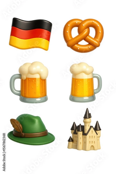 Fototapeta Set of German themed icons on a transparent background: flag, pretzel, beer mugs, alpine hat, and castle. Concept of Oktoberfest, German culture, traditions, and national identity