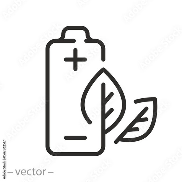Obraz battery with leaves icon, eco clean battery, ecological accumulator,  eco friendly energy, green charge of electricity, thin line symbol on white background - editable stroke vector illustration eps10
