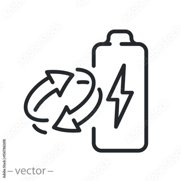 Obraz eco friendly accumulator icon, two rotating arrows, recycle battery, recycling used battery, waste management, thin line symbol on white background - editable stroke vector illustration eps10