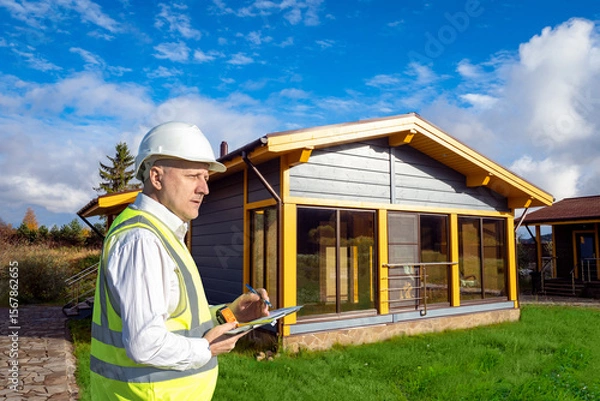 Obraz Man builder near finished house. Construction of country cottage. Man inspector supervises construction. Architect designing country house. Builder with clipboard near house with panoramic windows