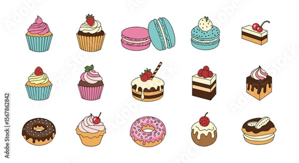 Fototapeta A delicious assortment of sweet treats featuring cupcakes macarons cakes and donuts in a pixelated style