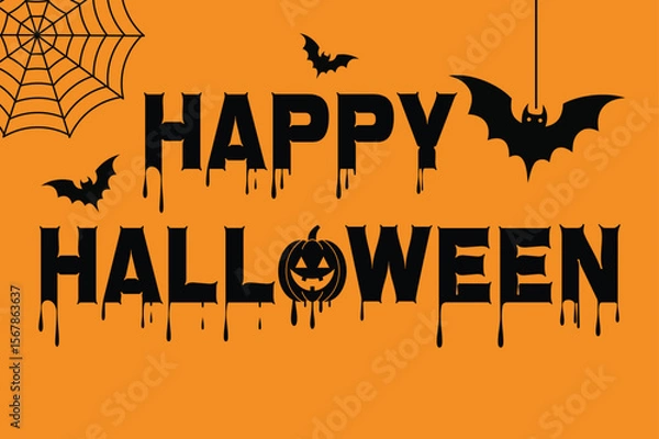 Fototapeta Happy halloween typography vector illustration with bats and spiderweb on orange background
