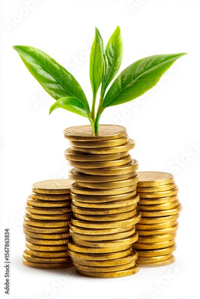 Fototapeta Green Leaves Emerging from Golden Coin Stacks