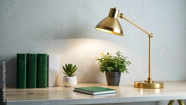 Fototapeta A modern desk with a lamp, books, and plants