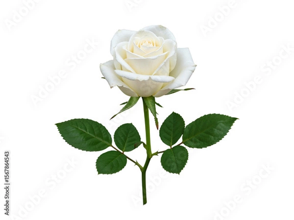 Fototapeta Single elegant white rose with green leaves isolated on transparent background