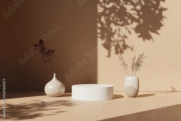 Obraz Podium product platform Simple monotone background with vases, tree shadows and natural light