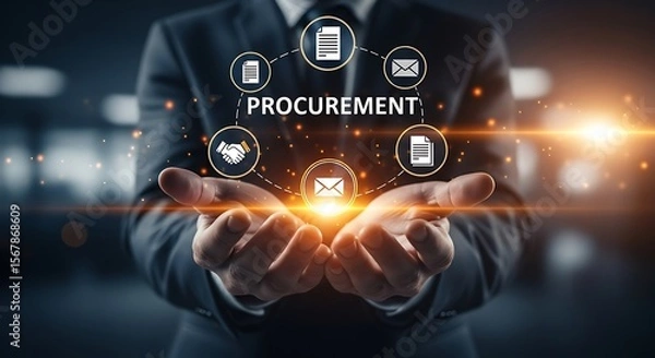 Fototapeta Glowing procurement strategy A visionary s hands cradle digital icons in a dynamic scene of networked business solutions