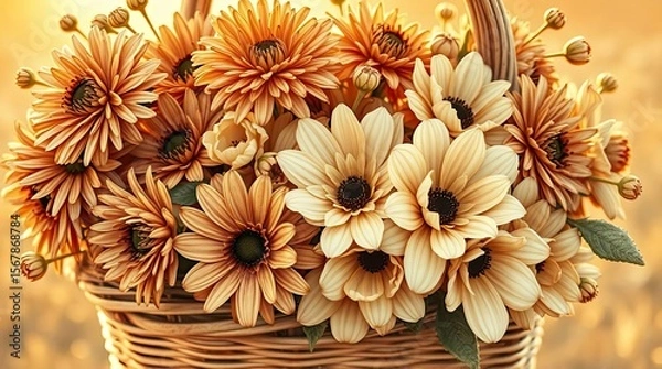 Fototapeta An impressionist painting of a basket of flowers bathed in warm golden light. The colors are dominated by browns and creams, with a focus on capturing the nuances of light and shadow.