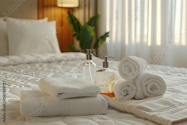 Obraz High Quality Picture of Set of Hotel Amenities on Bed in Room