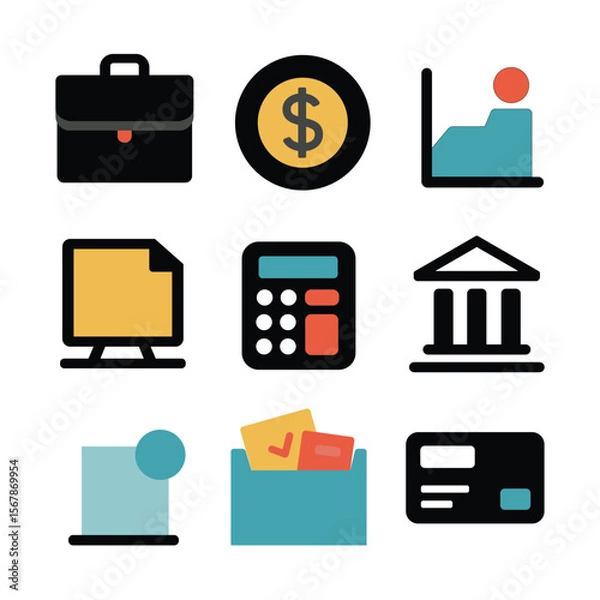 Obraz Business and finance icons representing various activities in a modern workspace, showcasing tools and concepts related to work and money
