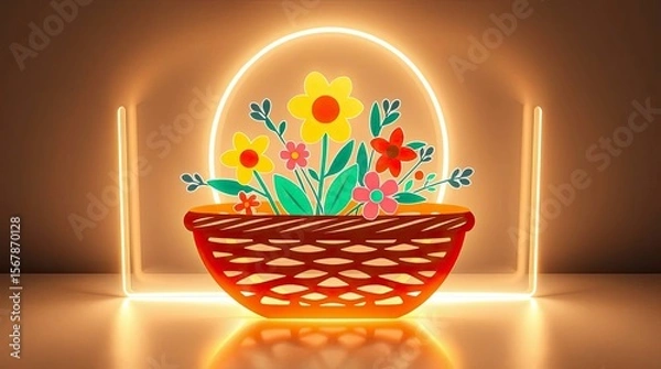 Fototapeta A modern, flat-design light art piece depicting a basket of flowers using simple, two-dimensional shapes, artistic lighting, and abstract patterns