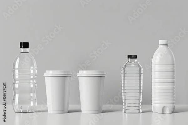 Obraz Pixel Perfect Image of Realistic Plastic Bottles and Cups Mockup Illustration