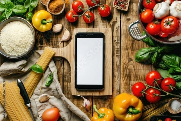 Obraz Smartphone Mockup with Italian Food Ingredients for Cooking Recipes App Concept on Wooden Table