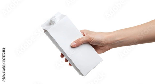 Fototapeta Hand holding white rectangular carton box with screw cap isolated on a transparent background