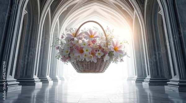 Fototapeta A precise architectural color photograph featuring a basket filled with ethereal flowers, emphasizing a spiritual vibe with a light aura, sharp lines, detailed structures, and wide angles