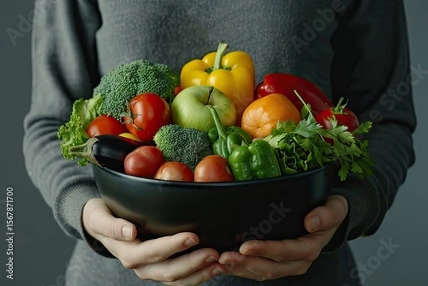 Obraz Clear Pixel Visual of Person Holding Bowl of Fruit and Vegetables