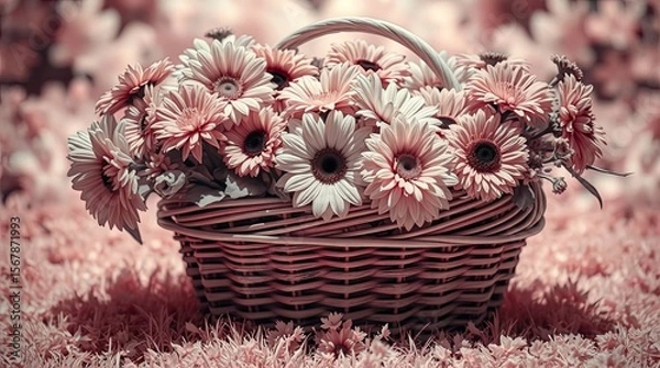 Fototapeta A surreal infrared image of a cute and adorable basket of flowers, showcasing infrared tones and an otherworldly appearance. High contrast, low key lighting, and deep shadows create a dramatic effect