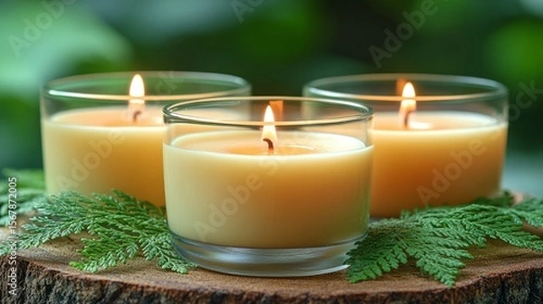Fototapeta Candlelit Serenity: Three candles, each encased in transparent glass, emanate a warm, inviting glow, resting upon a natural wooden base, surrounded by lush greenery.