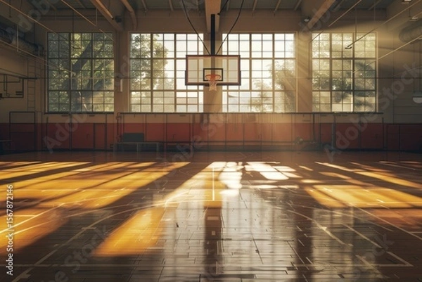 Obraz Ultra Quality Picture of Sunlit Basketball Court in Gym with Bright Light