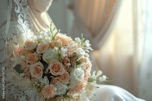 Obraz High Definition View of Young Muslim Couple with a Bouquet of Flowers in the Room