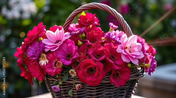 Fototapeta A vibrant photograph of a rich burgundy and deep blue basket filled with beautiful flowers, featuring a bright lens flare effect, adding streaks of light to the sophisticated and elegant scene