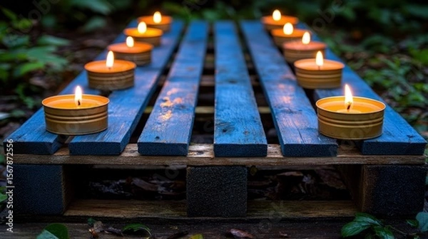 Fototapeta Candlelit Serenity on Rustic Pallet: A captivating display of glowing candles arranged meticulously on a weathered blue pallet, emanating warmth and tranquility amidst a verdant, natural backdrop.