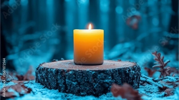 Fototapeta Burning Bright in the Woods: A warm, inviting candle flickers atop a weathered tree stump amidst a serene, dreamy forest backdrop. A symbol of peace, light.