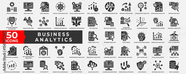 Fototapeta Business Analytics icon collection set. Containing Analytics, database, performance, management, business, process, quality, document, strategy, growth and report. Simple solid Vector illustration.