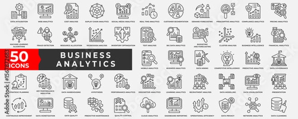 Fototapeta Business Analytics icon collection set. Containing Analytics, database, performance, management, business, process, quality, document, strategy, growth and report. Simple line Vector illustration.