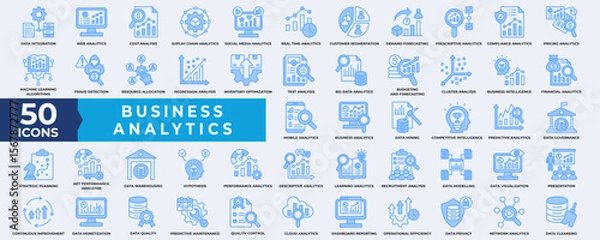 Fototapeta Business Analytics icon collection set. Containing Analytics, database, performance, management, business, process, quality, document, strategy, growth and report. Simple line Vector illustration.